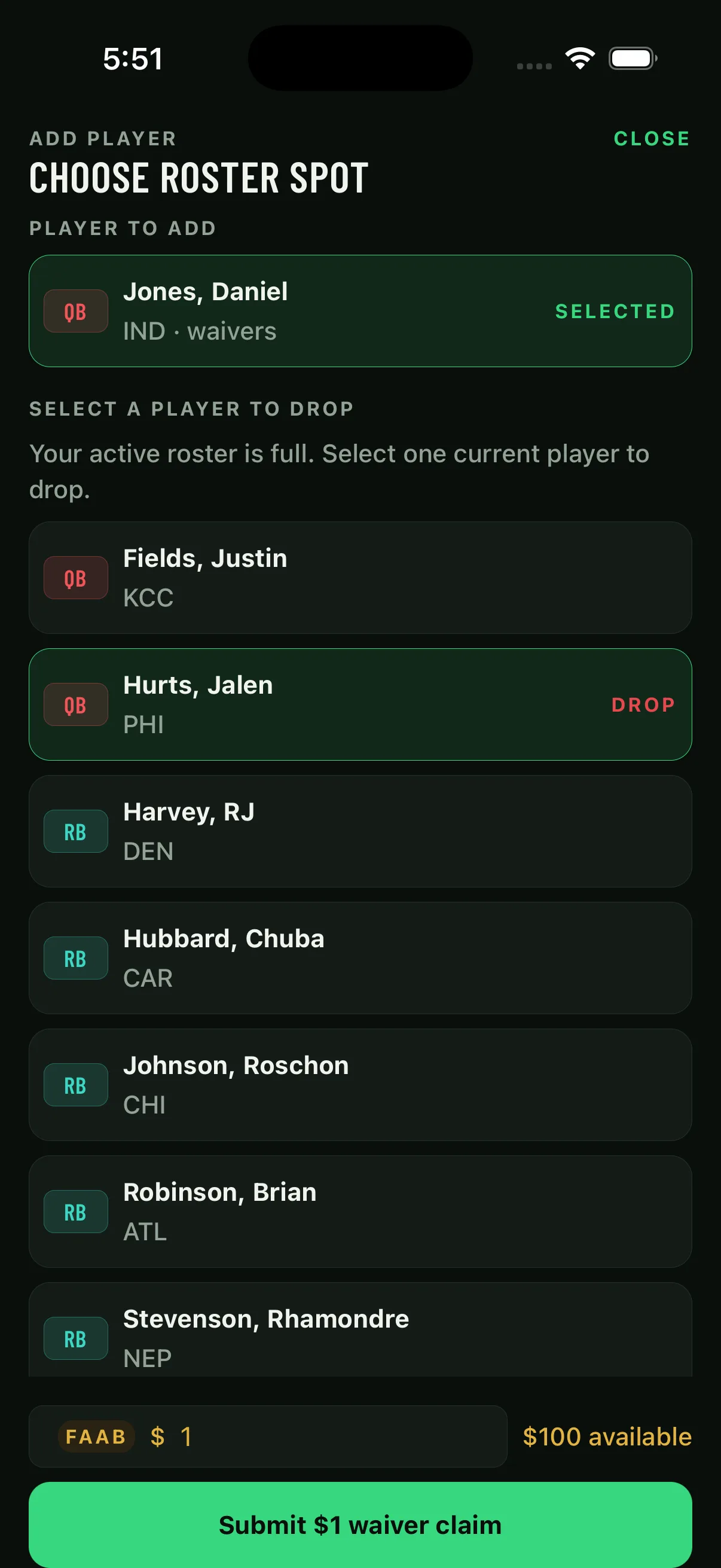Add/drop experience with selected waiver player, selected drop, and FAAB bid