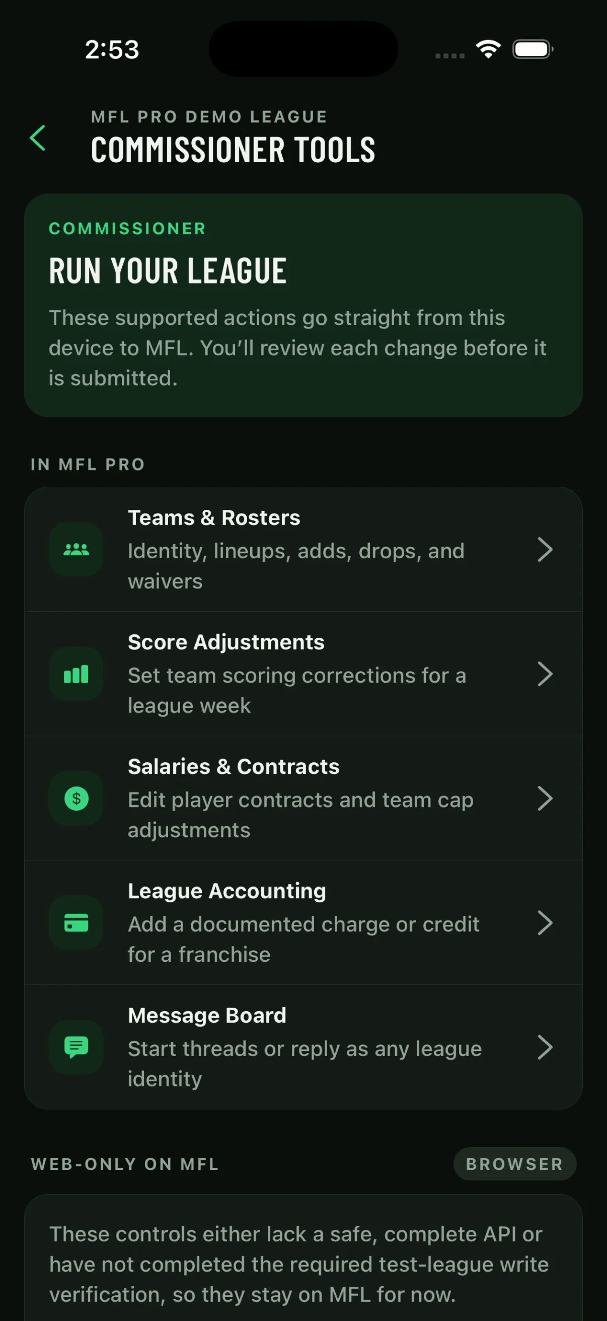 MFL Pro commissioner console with team and roster tools, score adjustments, salaries, accounting, and message-board actions