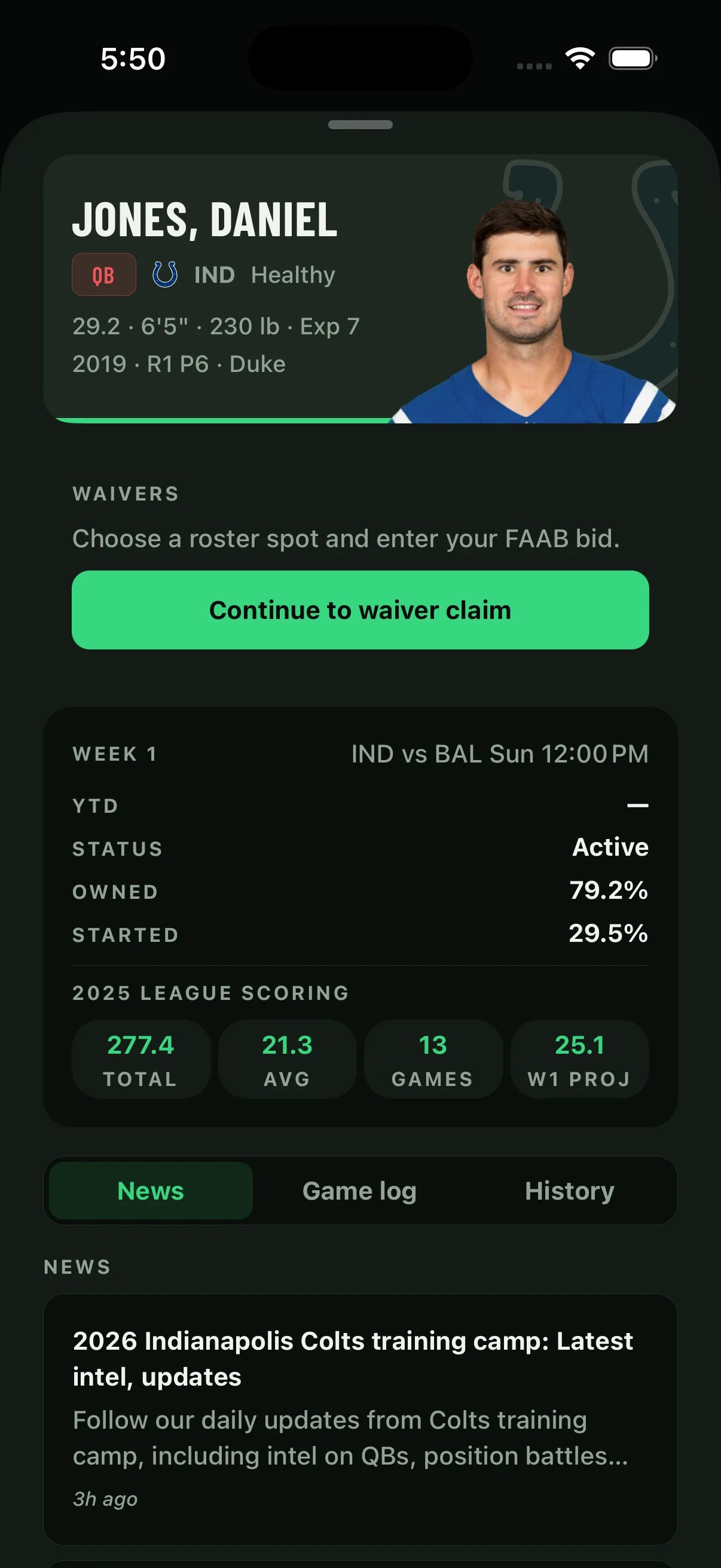 Daniel Jones player detail showing news, weekly context, and league scoring