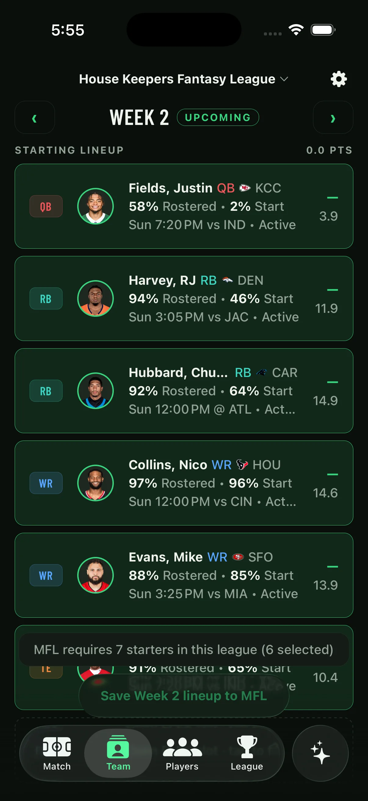 Week two lineup with player context and MFL Pro blocking an incomplete seven-starter submission